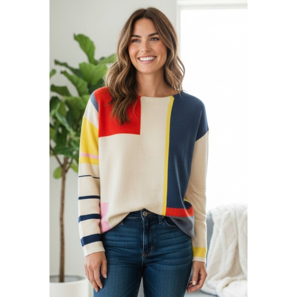 Biscuit Color Block Sweater Womens Size S Pullover Knit Top Colorful